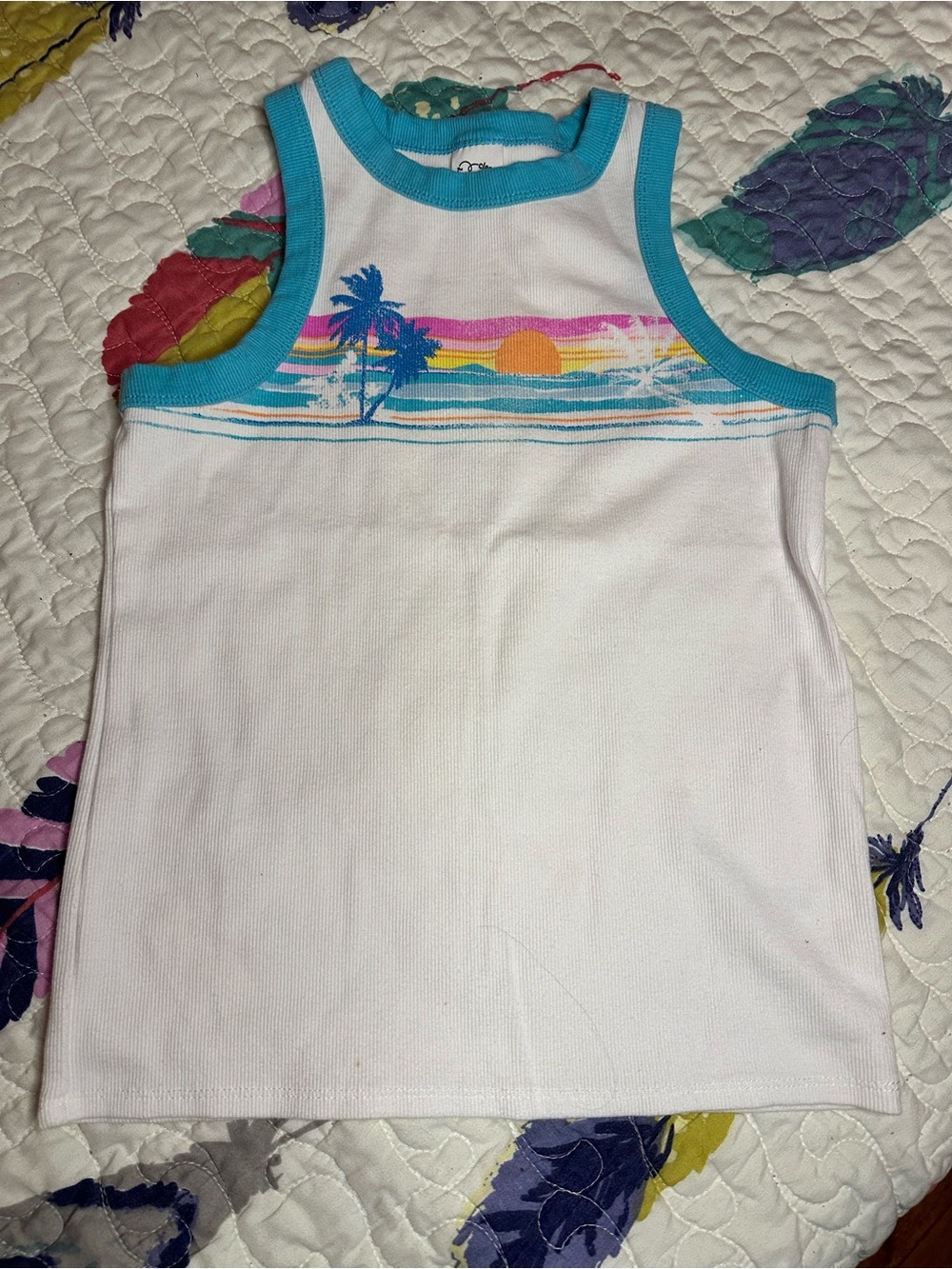 art class White Tank Top with Teal Trim and Sunset Graphic Kids XL